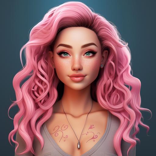 with bright pink curve hair. Cute cartoon barbie style. In 4k --s 250