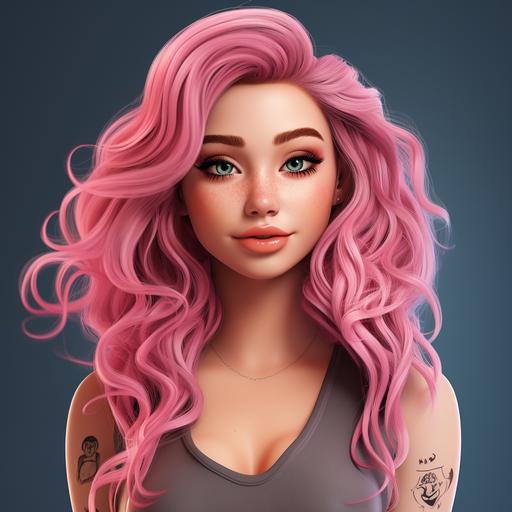 with bright pink curve hair. Cute cartoon barbie style. In 4k --s 250