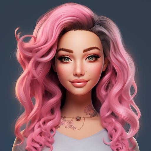 with bright pink curve hair. Cute cartoon barbie style. In 4k --s 250