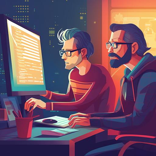 article banner of a two programmers doing code reviews, cartoon, funny, nerds