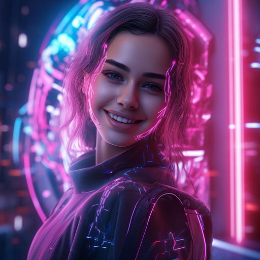 artificial intelligence assistant smiling, hyper-realistic, AI utopia, portrait, dark and neon pink ambience