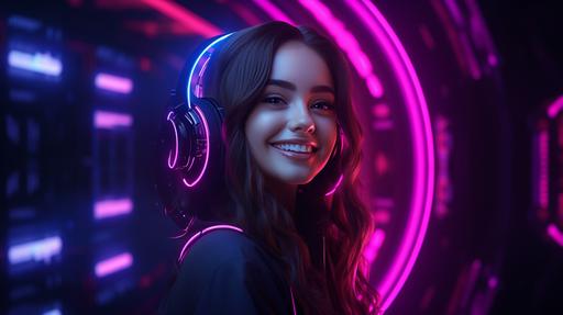 artificial intelligence assistant smiling, hyper-realistic, AI utopia, portrait, dark and neon pink ambience --ar 16:9