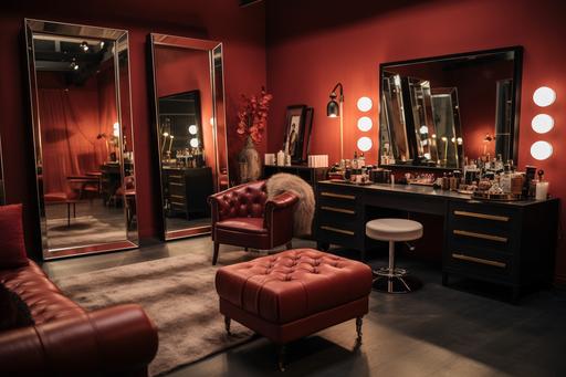 artist makeup room, concert back area,cozy, modern, stylish , interior , warm theme , leather sofa, dressing, mirror, light , dressing table --ar 3:2