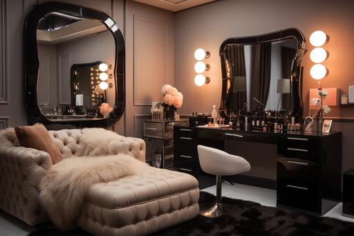 artist makeup room, concert back area,cozy, modern, stylish , interior , warm theme , leather sofa, dressing, mirror, light , dressing table --ar 3:2