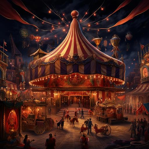 A magical circus where acrobats swing on candy ropes, clowns juggle enchanted pumpkins, and the ringmaster's hat hides a haunted mansion. The big top displays 