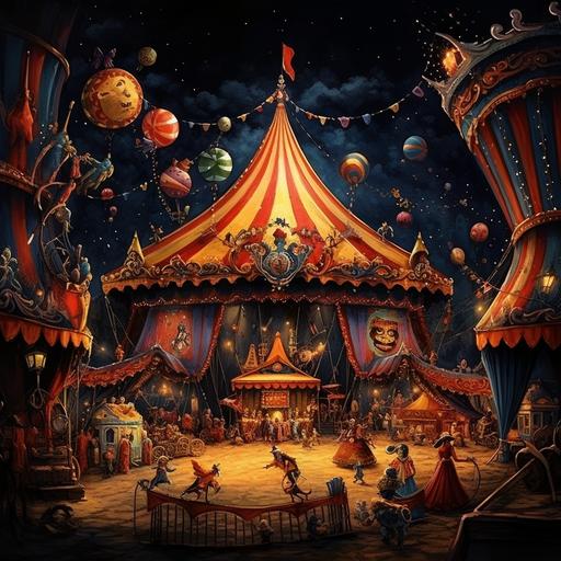A magical circus where acrobats swing on candy ropes, clowns juggle enchanted pumpkins, and the ringmaster's hat hides a haunted mansion. The big top displays 