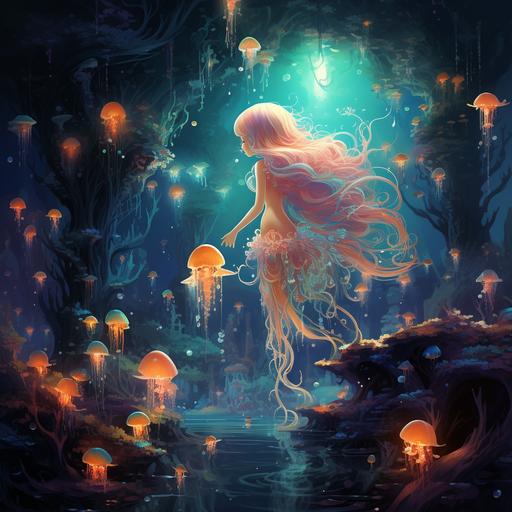Mermaids and mermen trick or treating amongst coral reefs and sunken ships, collecting pearls and seashells in their treasure chests. Luminescent jellyfish spell out 