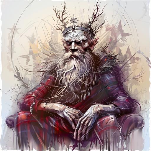 clean thin lines vector flat logo, white background, king with beard and piercing eyes sitting straight on a throne wearing a crown with stars and a red purple buffalo plaid robe with an ermine collar --sref