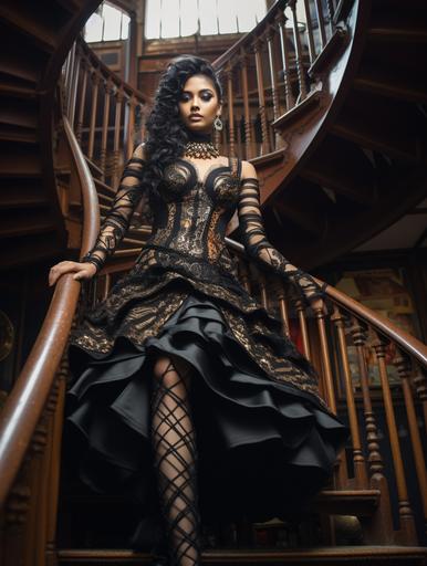 yakshagana quantum corsette, library wrought-iron spiral staircase, low angle fashion shoot, --ar 3:4