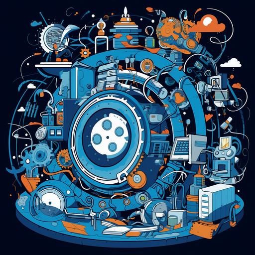artistic cartoon of cogs, wheels, computers and data but through in the vintage NASA 70s style with a blue theme. Colours are weaker and that text can be displayed over it.