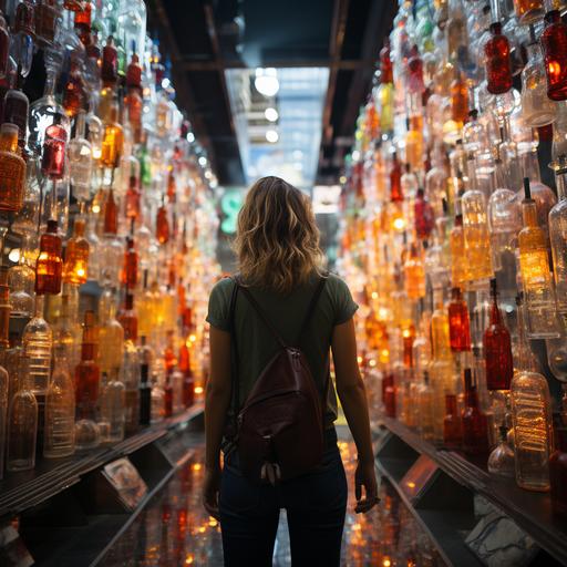 artistic photo for instagram with a woman walking in a store with thousands of plastic vitamin bottles --s 750