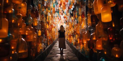 artistic photo for instagram with a woman walking in a store with thousands of plastic vitamin bottles --s 750 --ar 2:1