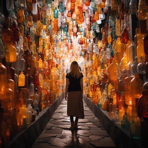 artistic photo for instagram with a woman walking in a store with thousands of plastic vitamin bottles --s 750