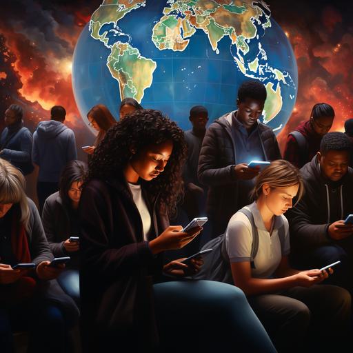 artistic view of people of all ages 18 and above including africans scattered across the globe predominantly female watching and enjoying smartphones and tablets on a world map