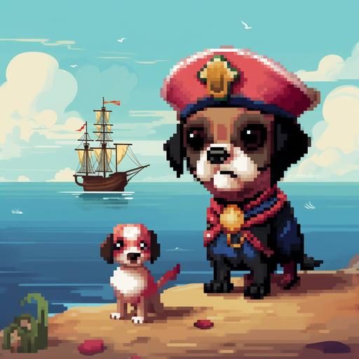 cute pirate pixel dog with eye patch and a parrot companion in the caraibean sea. pixel art,