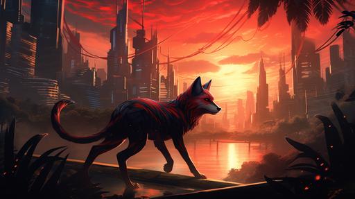 a strange but graceful red-and-black fox running in an dawn sky over a futuristic tropical city and its nice park.. red and black shades and colours. Vibrant colours. --ar 16:9