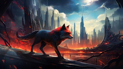 a strange but graceful red-and-black fox running in an dawn sky over a futuristic tropical city and its nice park.. red and black shades and colours. Vibrant colours. --ar 16:9