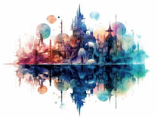 artwork for art exhibition on poster, white background , water color painting , abstract art, surrealistic cyber dream city, contemporary cultural, surreal life concept --ar 4000:3000 --c 50 --v 5.1 --s 750 --q 2