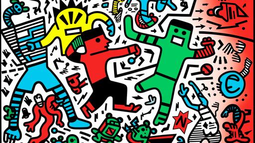 artwork in the style of Keith Haring, Cows, Spiderweb, burrito, Keith Haring, blackberries, mint leaf, Mickey Mouse hand, water drop, dumbbell, boxing gloves, dancing kieth haring people, laughing Kieth haring people, aesthetically pleasing colours and composition, geometric illustration --ar 16:9 --s 50