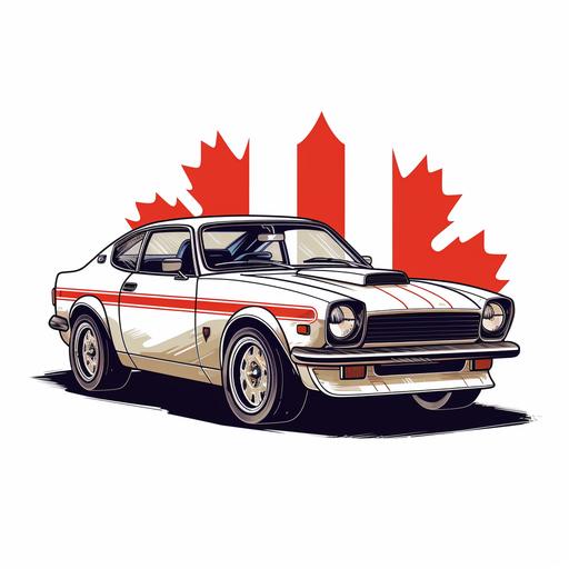artwork of t-shirt graphic design, flat design of a classic car, classic car, miami street, canadian flag, colorful nuances, highly detailed cleanliness, vector image , optical masterpiece, professional photography, realistic car, simple sunrise car backdrop, flat white background, isometric , brilliant vector((white background))