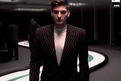as 1990 screengrab of male model wearing a black and white pinstripe suit with a structured blazer and high-waisted pants, paired with a black silk shirt and black leather dress shoes, fashion movie scene, Balenciaga commercial --ar 3:2 --v 5