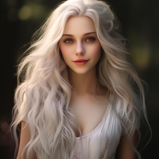 as a beautiful woman with long white blonde hair, smiling cutely at the camera, photo-realism