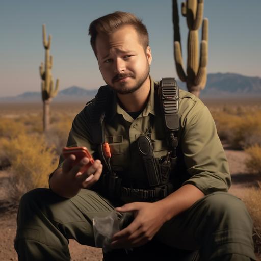 as a border patrol agent, in the desert, full body shot, eating a taco, high definition, 4k, ultra realistic