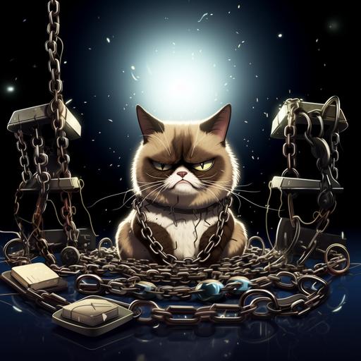 as a cartoon grumpycat with chains wrapped around him in a technology room