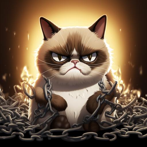 as a cartoon grumpycat with chains wrapped around him in a technology room