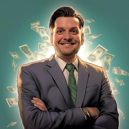 as a comic book character animation, smiling, wearing a suit, money in his hand and he is fanning himself with the money in his hand.