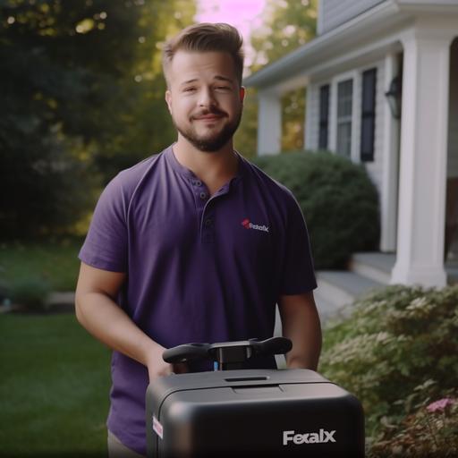 as a fedex driver, delivering a big package, on a nice cut lawn, in a suburban area, ultra realistic, 4k, high definition