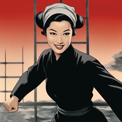 as a female Japanese ninja who looks like Setsuko Hara, wearing a tight black cashmere sweater, wearing tight black trousers, determined smile, in the style of a manga, retro style, --iw .8