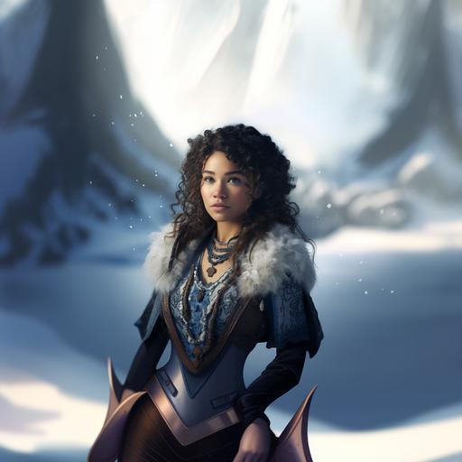 as a halfling sailor woman, druid, curly black hair, pearls in her hair, brown skin, on a snowy island, blue and white embroidered clothing, ethereal, magical, intricately detailed, D&D