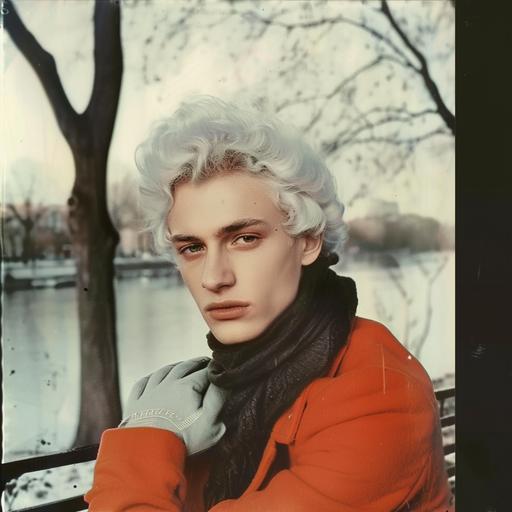 as a handsome albino guy in 1955 with white skin, white hair, hollywood waves hairstyle dressed in orange Chanel 1955 winter collection, gloves, scarf, sitting on the bench in the park next to river in autumn, colored tape, polaroid photos, 70's filter polaroid tape --v 6.0