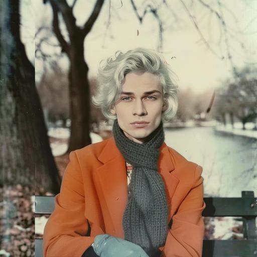 as a handsome albino guy in 1955 with white skin, white hair, hollywood waves hairstyle dressed in orange Chanel 1955 winter collection, gloves, scarf, sitting on the bench in the park next to river in autumn, colored tape, polaroid photos, 70's filter polaroid tape --v 6.0