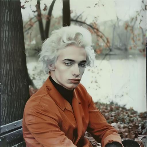 as a handsome albino guy in 1955 with white skin, white hair, hollywood waves hairstyle dressed in orange Chanel 1955 winter collection, gloves, sitting on the bench in the park next to river in autumn, colored tape, polaroid photos, 70's filter polaroid tape --v 6.0