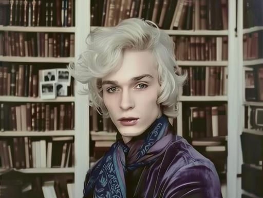 as a handsome albino guy in 1971 with white skin, white hair, hollywood waves hairstyle dressed in purple Versace 1968 autumn collection, gloves, scarf, in a massive library, exlaims poetry in front of people colored tape, polaroid photos, 80's filter polaroid tape --ar 4:3 --v 6.0