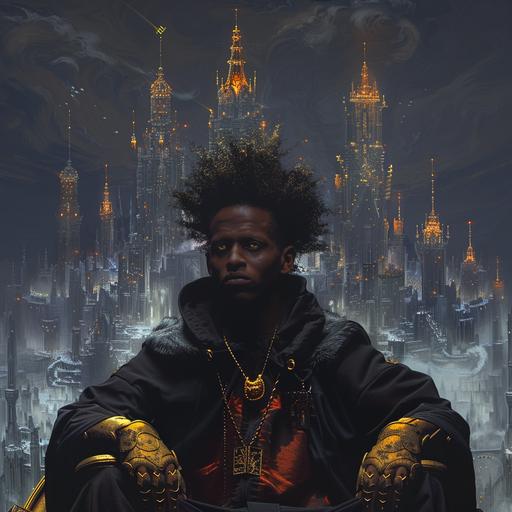 as a king sitting on a throne with golden golden eyes. Vibrant Massive bioMecha castle above a metropolis, designed by Erin Hanson and Jean — Baptiste Monge and Frazetta, vibrant saturated contrast --v 6.0