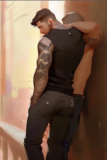 as a masculine man kissing a hunky man in leather while leaning against a wall in an alley, streetlight, facial hair, tattoos, romantic, dramatic, fantasy, extreme detail, full body, Ciruelo Cabral, --ar 2:3 --upbeta --ar 2:3 --niji 5 --style expressive --upbeta --v 5 --q 2