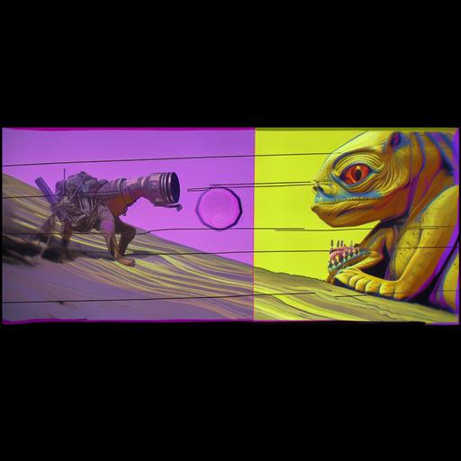 as a photorealistic chase scene between a purple hunter fighter and a yellow prey thing, 35mm film, --v 5