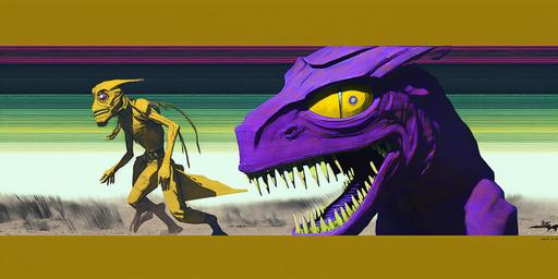 as a photorealistic chase scene between a purple hunter fighter and a yellow prey thing, 35mm film --ar 2:1