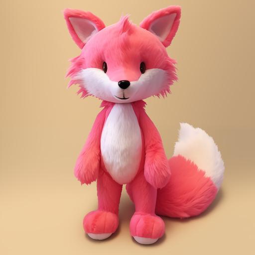 as a pink stuffed fox, disney character design, character sheet, walks on two legs
