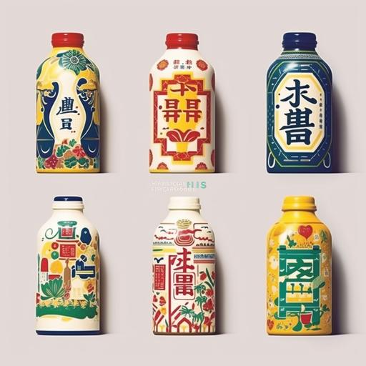 as a reference, soy milk packaging, plastic bottle with sticker, chinese retro style, shanghai element