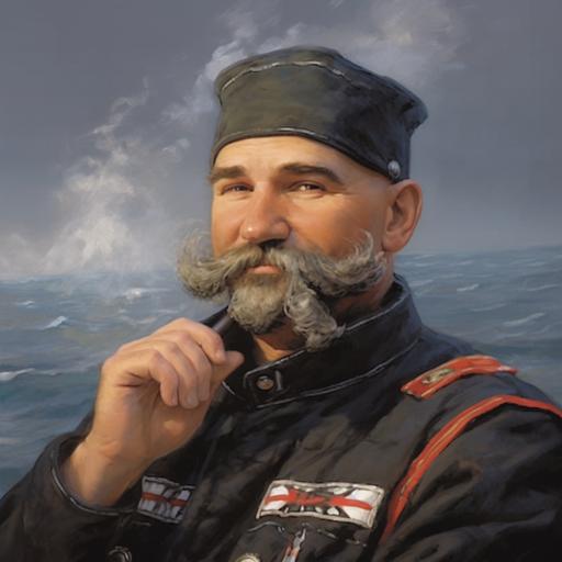 as a sea captain with cap and beard, smoking a pipe