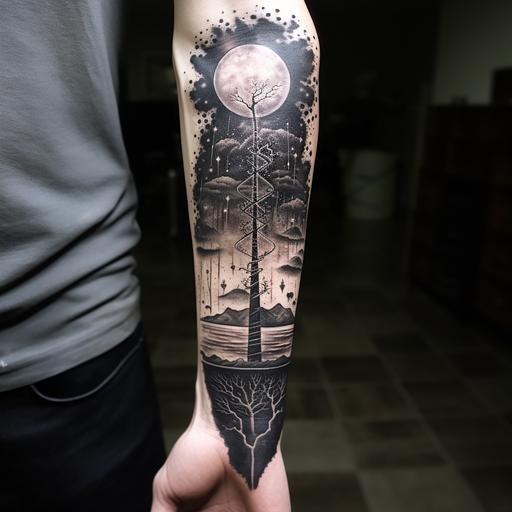 as above so below, tattoo, dark, forearm, realism,