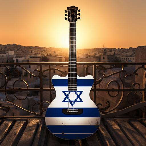 as an artwork on a body of an eletric guitar that is leaning on a chair in an old Jerusalem balcony at sunset ultra HD 8k