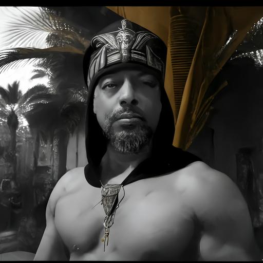as tutankhamun, outdoors, realistic, ornate, micheangelo, holbein, da vinci, light gray stubble beard, male chest, aura around body, handsome, muscular, 8k, grayscale, egyptian headdress, palm trees in background, full body, necklace, rank and file ar 2:3 @Honeydipp (fast)