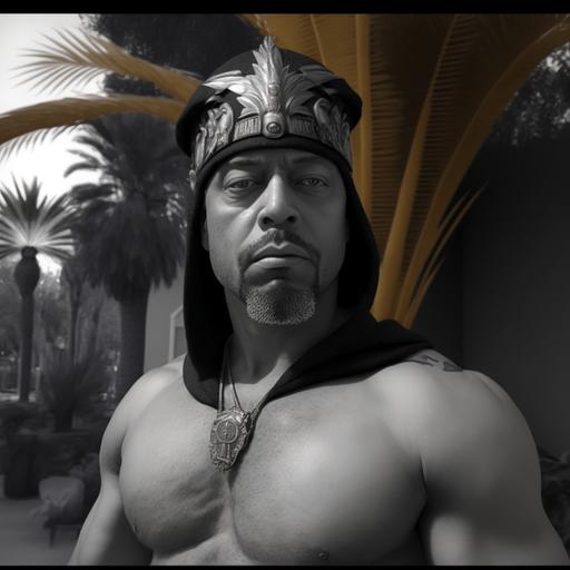 as tutankhamun, outdoors, realistic, ornate, micheangelo, holbein, da vinci, light gray stubble beard, male chest, aura around body, handsome, muscular, 8k, grayscale, egyptian headdress, palm trees in background, full body, necklace, rank and file ar 2:3 @Honeydipp (fast)