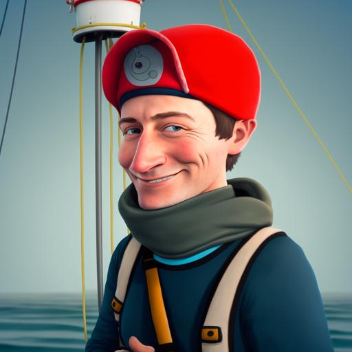 as young sailor captain character, red beanie, cartoon style, caricature --v 4