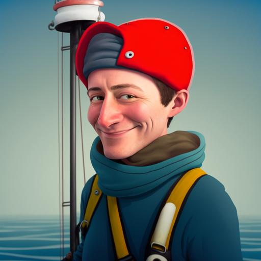 as young sailor captain character, red beanie, cartoon style, caricature --v 4